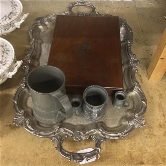 Silver plated tray, 3 pewter mugs & canteen